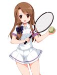  ball bow braid brown_eyes brown_hair cowboy_shot eyes_visible_through_hair hair_bow highres kin-iro_mosaic long_hair looking_at_viewer matsubara_honoka racket ruu_(tksymkw) shirt short_sleeves side_braid simple_background single_braid skirt solo tennis_ball tennis_racket white_background white_shirt white_skirt 