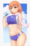  airi_(satosi) bangs blush breasts buruma cloud day earrings eyebrows_visible_through_hair highres jewelry large_breasts looking_at_viewer navel orange_hair original pocari_sweat satosi short_hair sky solo sports_bikini sportswear stomach stud_earrings sweat towel towel_around_neck track_and_field track_uniform yellow_eyes 