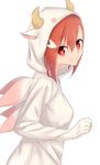  animal_costume artist_name bangs closed_mouth commentary_request cosplay eyebrows_visible_through_hair fake_horns gyuuki_(yuyuyu) gyuuki_(yuyuyu)_(cosplay) hair_between_eyes hair_ornament head_tilt highres kigurumi liebe looking_at_viewer looking_to_the_side red_eyes red_hair simple_background smile solo upper_body white_background yuuki_yuuna yuuki_yuuna_wa_yuusha_de_aru yuusha_de_aru 