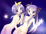  :d ass blue_background blush bow breasts cowboy_shot hair_bow hiiragi_kagami hiiragi_tsukasa holding_hands interlocked_fingers long_hair looking_at_viewer looking_back lucky_star multiple_girls navel nipples norizou_type-r nude open_mouth purple_eyes purple_hair short_hair siblings sisters small_breasts smile star twins twintails yellow_bow 