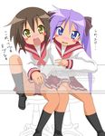  blue_eyes blush brown_hair computer fang hand_in_panties hiiragi_kagami keyboard_(computer) kusakabe_misao long_hair lucky_star mouse_(computer) multiple_girls mutual_masturbation panties pantyshot pink_neckwear purple_eyes purple_hair ribbon ryouou_school_uniform school_uniform see-through serafuku short_hair skirt translated twintails underwear va yellow_eyes yuri 