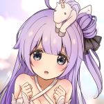  :o ahoge azur_lane bangs bare_shoulders black_bow blue_eyes blush bow breasts catbell cleavage clenched_hands collarbone detached_sleeves eyebrows_visible_through_hair eyelashes hair_bow hands_up head_tilt long_hair looking_at_viewer one_side_up parted_lips purple_hair side_bun sidelocks solo stuffed_alicorn tareme unicorn_(azur_lane) upper_body 