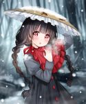  :o ajirogasa arm_up bangs black_hair blurry blurry_background blush braid breath buttons capelet catbell dress eyebrows_visible_through_hair frills grey_dress hand_up hat highres juliet_sleeves long_hair long_sleeves looking_at_viewer parted_lips puffy_sleeves red_capelet red_eyes snowing solo tareme touhou twin_braids twintails upper_body winter yatadera_narumi 