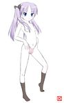  blue_eyes blush cameltoe flat_chest hair_ribbon hiiragi_kagami keny long_hair lucky_star nipples panties panty_pull purple_hair ribbon sketch socks solo standing topless twintails underwear 