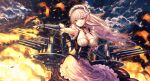  apron azur_lane bangs belfast_(azur_lane) blue_eyes blush braid breasts cannon catbell chain cleavage cloud cloudy_sky collar collarbone dress evening explosion eyebrows_visible_through_hair fire firing floating_hair french_braid frills gloves hair_between_eyes highres large_breasts long_hair looking_afar machinery maid maid_headdress outstretched_arm rigging sidelocks silver_hair sky smile smoke smoke_trail solo spray turret water_drop white_gloves 