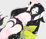  1girl absurdly_long_hair bikini black_bikini frilled_bikini frills gatchaman_crowds green_eyes green_hair green_ribbon long_hair looking_at_viewer ribbon ribbon-trimmed_bikini solo swimsuit thigh_strap utsutsu very_long_hair wink 