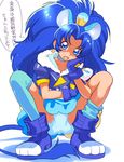  animal_ears blue_eyes blue_footwear blue_gloves blue_hair blue_legwear boots choker cure_gelato earrings extra_ears fang gloves jewelry kikurage_(crayon_arts) kirakira_precure_a_la_mode lion_ears lion_tail long_hair looking_at_viewer magical_girl open_mouth precure simple_background single_thighhigh solo speech_bubble squatting tail tategami_aoi thighhighs translation_request white_background 