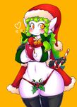 1girl areola_slip areolae basketgardevoir bell black_gloves blush bow bra braid breasts candy candy_cane capelet christmas erect_nipples female food fur_trim gardevoir gloves green_bow green_bra green_hair hair_bow hair_ornament hand_on_own_chest hands_up hat heart large_breasts long_hair looking_to_the_side navel no_humans orange_eyes panties pokemon pokemon_(creature) pokemon_rse red_hat red_panties santa_hat simple_background smile solo standing thick_thighs tied_hair twin_braids underwear underwear_only wide_hips yellow_background 