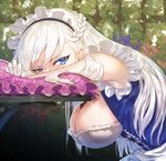  apron azur_lane belfast_(azur_lane) blue_eyes braid breasts cleavage commentary_request french_braid frilled_apron frills large_breasts long_hair looking_at_viewer maid maid_headdress pillow pyz_(cath_x_tech) silver_hair solo 