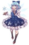  :d absurdres adapted_costume alternate_hair_color alternate_hairstyle black_legwear blue_dress blue_eyes blue_hair blush bow braid cirno commentary dress eyebrows_visible_through_hair full_body gem_oblivion hair_bow hand_on_own_chest highres ice ice_wings juliet_sleeves light_blush long_sleeves mary_janes mittens multicolored_hair neck_ribbon open_mouth pink_hair puffy_sleeves red_footwear ribbon shoes short_hair simple_background smile snowflake_print snowflakes socks solo touhou two-tone_hair white_background wings 