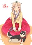  alternate_costume black_ribbon blonde_hair dog fang full_body hair_flaps hair_ornament hair_ribbon hanbok highres jpeg_artifacts kantai_collection korean_clothes long_hair long_sleeves looking_at_viewer necktie open_mouth red_eyes remodel_(kantai_collection) ribbon shiba_inu sitting smile solo soushou_nin traditional_clothes white_background yuudachi_(kantai_collection) 