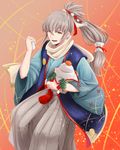  alternate_costume artist_name fire_emblem fire_emblem_heroes fire_emblem_if food fruit grey_hair highres japanese_clothes kimono leaf long_hair male_focus mochi open_mouth orange orange_eyes ponytail solo sparkle takumi_(fire_emblem_if) teeth wagashi yori_ill 