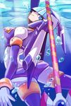  1girl android artist_request bad_anatomy bodystocking bodysuit bracelet breasts bubble capcom gloves helmet large_breastsblue_eyes leviathan_(rockman) looking_at_viewer looking_back robot_girl rockman rockman_zero smile solo solo_focus spear underwater weapon white_gloves 