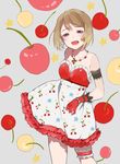  :d armband bangs bare_shoulders blush bracelet breasts brown_hair cherry cherry_print cleavage contrapposto dress food food_print fruit gloves grey_background half-closed_eyes jewelry koizumi_hanayo leg_garter looking_at_viewer love_live! love_live!_school_idol_project lowe_(slow) medium_breasts necklace open_mouth pearl_bracelet purple_eyes red_gloves short_hair smile solo standing star star_print strapless strapless_dress thigh_strap 