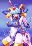  android arm_behind_head arm_over_head armpits arms_behind_head arms_up artist_request blue_eyes blush bodystocking bodysuit bracelet breasts bubbles capcom covered_navel glaive gloves helmet large_breasts leviathan_(rockman) midriff navel open_mouth robot_girl rockman rockman_zero smile solo solo_focus spear teeth tight tight_clothes weapon white_gloves wide_hips 