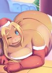  2017 all_fours anthro blonde_hair blue_eyes blush bovine breasts brown_fur christmas christmas_tree clothed clothing female fur gloves hair hat holidays inside looking_at_viewer mammal obese one_eye_closed overweight santa_hat solo tree まえのめり 