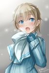  :d artist_name bangs blonde_hair blue_coat blue_eyes blue_gloves brave_witches eyebrows_visible_through_hair fang from_side gloves haruhata_mutsuki long_sleeves looking_at_viewer looking_back military military_uniform nikka_edvardine_katajainen open_mouth scarf short_hair signature smile snow solo standing striped twitter_username uniform upper_body vertical_stripes white_scarf world_witches_series 