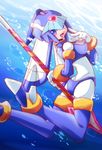  1girl android arm_behind_back artist_request between_legs blue-eyes blush bodysuit bracelet breasts bubble capcom glaive gloves heels helmet high_heels large_breasts leviathan_(rockman) looking_at_viewer looking_back open_mouth robot_girl rockman rockman_zero shoes smile solo solo_focus spear suggestive thighhighs underwater water weapon white_gloves 
