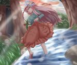  barefoot breasts commentary_request dress dress_lift expressionless forest hata_no_kokoro highres large_breasts long_hair long_sleeves looking_at_viewer looking_back mask mask_on_head nature pink_eyes pink_hair plaid plaid_shirt river shirt solo touhou xialu_zajin 