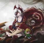  anthro big_tail black_nose breasts canine clothed clothing detailed_background digital_media_(artwork) digitigrade dog enaya-thewhitewolfen eyelashes female hair holding_object mammal smile white_hair 