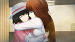  black_hair blue_eyes breast_press breasts brown_hair closed_eyes grey_hat hat highres hug huke indoors lens_flare long_hair medium_breasts multiple_girls non-web_source official_art shiina_kagari shiina_mayuri shirt short_hair smile steins;gate steins;gate_0 sun_hat tears very_long_hair white_shirt 