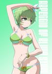  aoki_hagane_no_arpeggio arm_up bikini bracelet breasts copyright_name cowboy_shot green_bikini green_eyes green_hair jewelry kamo_3 large_breasts lowleg lowleg_bikini nachi_(aoki_hagane_no_arpeggio) navel short_hair smile solo swimsuit 