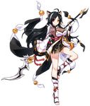  ahoge ara_han asura_(elsword) barefoot black_hair black_skirt bow breasts cleavage closed_mouth detached_sleeves elsword full_body hair_bow heterochromia holding holding_spear holding_weapon large_breasts long_hair looking_at_viewer multicolored_hair official_art polearm red_eyes sando_(artist) single_pauldron skirt smile solo spear standing standing_on_one_leg streaked_hair tassel toeless_legwear transparent_background two-tone_hair weapon white_bow white_hair yellow_eyes 