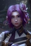  artist_name au_ra chuby_mi closed_mouth commentary final_fantasy final_fantasy_xiv flower forehead hair_flower hair_ornament hair_ribbon highres lips long_hair multicolored_hair no_bangs nose pink_lips purple_eyes purple_hair purple_ribbon realistic ribbon short_hair smile solo streaked_hair upper_body 