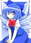  azumaya_toushirou blue_bow blue_eyes blue_hair blue_skirt bow bowtie cirno closed_mouth commentary_request eyebrows_visible_through_hair hair_bow highres ice ice_wings red_neckwear short_hair short_sleeves skirt smile solo touhou wings 