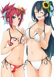  aqua_eyes bikini black_hair breasts closed_eyes cowboy_shot floral_print flower hair_flower hair_ornament kiui_gunsou long_hair looking_at_viewer medium_breasts multiple_girls phantasy_star phantasy_star_online_2 ponytail red_bikini red_hair side-tie_bikini simple_background swimsuit washinomiya_koori white_background yasaka_hitsugi 