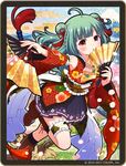  ahoge alternate_hairstyle battle_girl_high_school blush commentary_request double_bun fan green_hair hair_ornament japanese_clothes kimono looking_at_viewer medium_hair official_art red_eyes sadone solo 