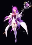  absurdres aether_sage_(elsword) ahoge aisha_(elsword) bangs bare_shoulders black_background boots dress elsword eyebrows_visible_through_hair full_body gloves hair_between_eyes highres holding long_hair long_sleeves looking_at_viewer open_mouth purple_eyes purple_hair sidelocks signature simple_background solo swd3e2 thigh_boots thighhighs white_footwear white_gloves zettai_ryouiki 