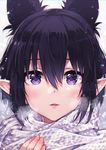  animal_ears bangs black_hair close-up commentary_request extra_ears eyebrows_visible_through_hair eyes face fingernails hair_between_eyes highres looking_at_viewer mano_(narumi_arata) narumi_arata original parted_lips pointy_ears portrait purple_eyes revision scarf short_hair smile solo white_scarf 