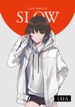  artist_name black_shorts brown_hair closed_mouth collared_shirt cover cover_page cowboy_shot doujin_cover english expressionless grey_hoodie grey_sweater hood hoodie long_sleeves looking_at_viewer lowe_(slow) male_focus open_clothes open_hoodie original red_eyes shirt short_shorts shorts solo sweater wing_collar 