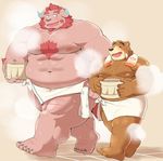  12beat13 2017 anthro bear blush brown_fur chernobog duo fur male mammal nipples overweight overweight_male pink_background simple_background steam tokyo_afterschool_summoners towel volos 