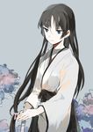  black_hair blue_eyes closed_mouth commentary_request copyright_request eyebrows_visible_through_hair hakama hands_on_hilt japanese_clothes long_hair long_sleeves looking_down lowe_(slow) solo standing upper_body wide_sleeves 