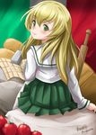  arm_support bag bangs black_neckwear blonde_hair blouse blurry blurry_background blurry_foreground bottle bread carpaccio closed_mouth commentary_request eyebrows_visible_through_hair food from_behind girls_und_panzer green_eyes green_skirt haruhata_mutsuki italian_flag light_smile long_hair long_sleeves looking_at_viewer looking_back miniskirt neckerchief ooarai_school_uniform pantyhose pleated_skirt rolling_pin school_uniform serafuku sitting skirt solo tomato white_blouse white_legwear 