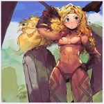  abs amazon_(dragon's_crown) andrea_cofrancesco arm_up armor bangs bare_shoulders bikini_armor black_gloves blonde_hair blue_eyes blue_sky blush border bra breasts closed_mouth cowboy_shot day dragon's_crown gloves grey_border hand_on_hip holding holding_weapon long_hair looking_at_viewer medium_breasts muscle muscular_female navel outdoors over_shoulder pubic_hair pubic_hair_peek rock scale_armor signature sky solo standing tattoo underwear weapon weapon_over_shoulder 