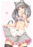  animal_ear_fluff animal_ears apron bangs bare_shoulders black_legwear blush bow breasts cat_ears cat_tail choker collarbone cowboy_shot crop_top detached_sleeves eyebrows_visible_through_hair grey_hair hair_between_eyes hair_ribbon heart holding lavender_eyes long_hair looking_at_viewer maid maid_apron maid_headdress midriff navel original parted_lips puffy_short_sleeves puffy_sleeves ribbon sasaame short_sleeves sidelocks simple_background skirt skirt_lift small_breasts smile solo tail thighhighs twintails white_background wrist_cuffs zettai_ryouiki 