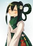  :&gt; ^_^ alternate_hairstyle asui_tsuyu blush boku_no_hero_academia breath closed_eyes commentary flower green_hair hair_between_eyes hair_flower hair_ornament hair_rings hanbok highres korean_clothes long_hair long_sleeves smile snowing solo sookmo traditional_clothes 