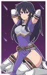  1girl aira_(fire_emblem) armor belt black_hair breastplate dress earrings elbow_gloves female fire_emblem fire_emblem:_seisen_no_keifu gloves highres jewelry long_hair looking_at_viewer no_panties purple_eyes sarukaiwolf simple_background solo thighhighs 