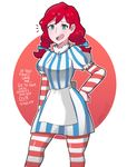  1girl :d apron blue_bow blue_eyes blush bow braid breasts dress english female hair_bow hand_on_hip lipstick looking_at_viewer makeup open_mouth pinstripe_pattern puffy_short_sleeves puffy_sleeves red_eyes red_hair red_lipstick sarukaiwolf short_sleeves simple_background smile smug solo striped striped_legwear text twin_braids twintails wendy&#039;s wendy_(wendy&#039;s) white_background 