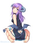  ass ass_cutout back bangs bare_shoulders barefoot blue_eyes blush breasts chestnut_mouth demon_girl demon_horns demon_tail demon_wings eyebrows_visible_through_hair feet from_behind full_body hair_between_eyes head_tilt heart_cutout holding_own_tail holding_tail horns long_hair looking_at_viewer looking_back low_wings medium_breasts original parted_lips pelvic_curtain pointy_ears purple_hair sasaame side_slit sidelocks simple_background sitting sleeveless soles solo tail tail_through_clothes thigh_strap turtleneck twitter_username wariza white_background wings wristband 
