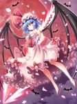  bat bat_wings blue_hair bow breasts brooch commentary_request dress fang fang_out floating full_moon hat high_heels highres jewelry medium_breasts mob_cap moon nail_polish older osashin_(osada) red_hair red_moon red_nails remilia_scarlet shoes smile solo spear_the_gungnir touhou white_dress wings wrist_cuffs 