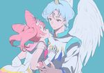  1girl back_bow bangs bishoujo_senshi_sailor_moon blue_background blue_hair bow chibi_usa closed_mouth commentary double_bun earrings eye_contact eyebrows_visible_through_hair facial_mark feathered_wings forehead_mark gloves grey_eyes hands_on_another's_chest helios_(sailor_moon) horn jacket jewelry light_smile long_sleeves looking_at_another lowe_(slow) pink_eyes pink_hair sailor_chibi_moon sailor_senshi_uniform simple_background smile super_sailor_chibi_moon white_gloves wings 