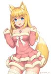  :d animal_ear_fluff animal_ears bare_shoulders blonde_hair blue_eyes bow breasts cowboy_shot dress eyebrows_visible_through_hair forearm_at_chest fox_ears fox_girl fox_tail fur_trim heart heart_necklace long_hair medium_breasts open_mouth original pink_dress sasaame simple_background sleeves_past_wrists smile solo strapless strapless_dress tail thighhighs twitter_username white_background white_legwear 