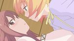  2girls animated animated_gif blonde_hair canon couple eye_contact eyes_closed floor green_eyes hand_holding interlocked_fingers kiss looking_at_another lying multiple_girls official pink_eyes pink_hair sakura_trick sonoda_yuu takayama_haruka yuri 