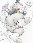  bed blush cartoon_network clothing dialogue dudebulge erection feet foster&#039;s_home_for_imaginary_friends hat lagomorph lube male male/male mammal mr._herriman old penis precum presenting rabbit 