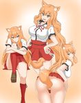  animal_ear_fluff animal_ears ass brown_footwear eyebrows_visible_through_hair fate/extra fate/extra_ccc fate/extra_ccc_fox_tail fate_(series) fox_ears fox_tail grin hakama hand_on_hip japanese_clothes kneehighs leg_hug long_hair looking_at_viewer looking_back multiple_views no_panties open_mouth orange_hair partially_visible_vulva presenting red_hakama red_legwear short_sleeves sitting smile smirk suzuka_gozen_(fate) tail tail_censor very_long_hair yellow_eyes yuzu_kiro 