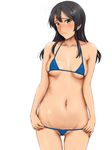  bad_id bad_pixiv_id bikini black_hair blue_bikini blush breasts breasts_apart brown_eyes closed_mouth collarbone cowboy_shot dosaken embarrassed frown groin hair_ornament hairpin head_tilt kantai_collection long_hair looking_at_viewer lowleg lowleg_bikini medium_breasts micro_bikini navel nose_blush oyashio_(kantai_collection) partially_visible_vulva sidelocks simple_background solo standing stomach swimsuit tan underboob white_background 